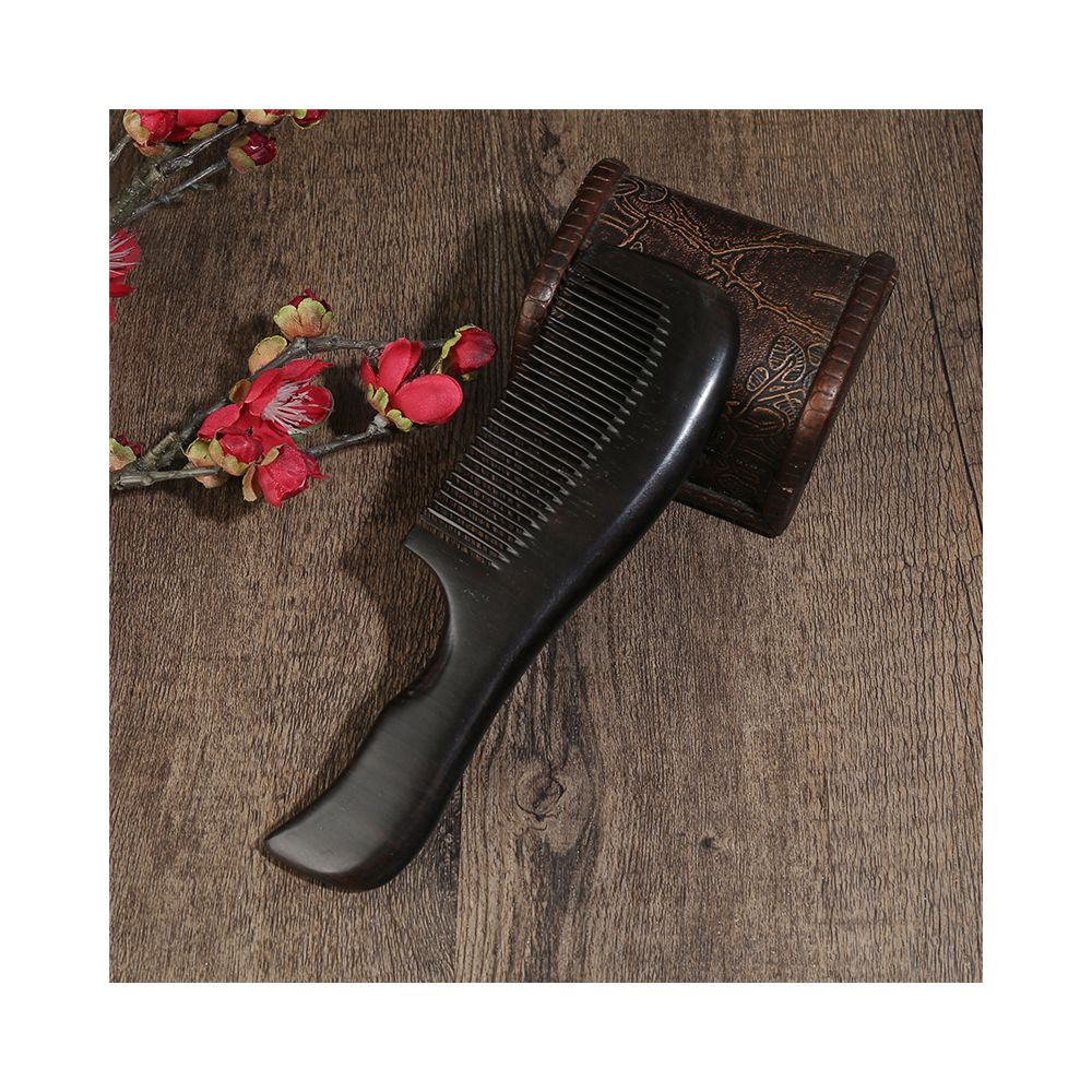 Long handle ebony wood hair comb with plum blossom decor