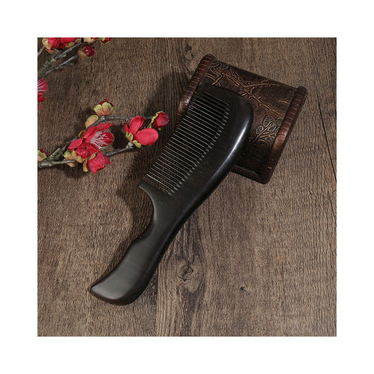 Long handle ebony wood hair comb with plum blossom decor