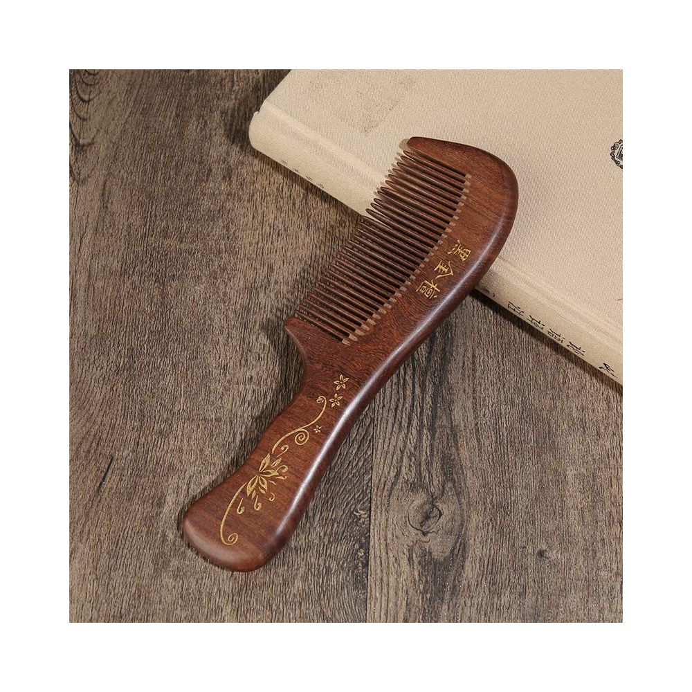 Long handle ebony wood hair comb with plum blossom decor