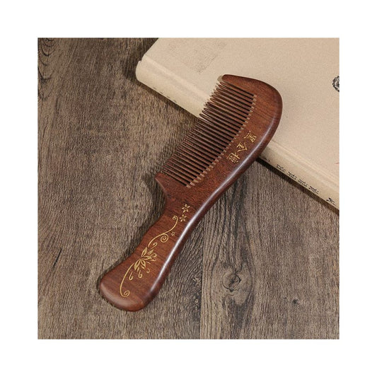 Long handle ebony wood hair comb with plum blossom decor