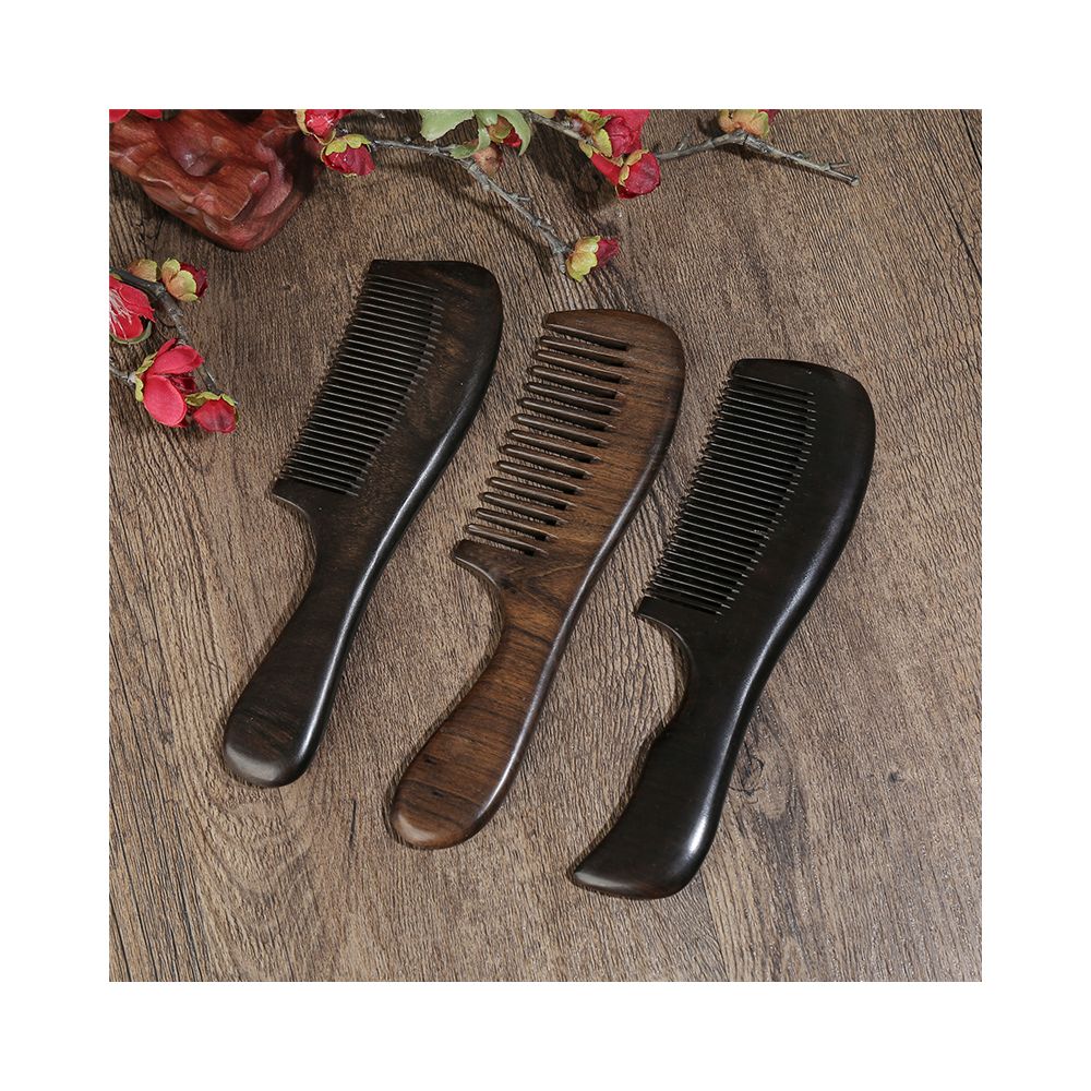 Set of 3 long handle wooden hair combs in dark wood