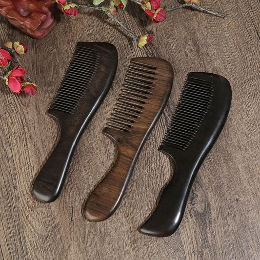 Set of 3 long handle wooden hair combs in dark wood