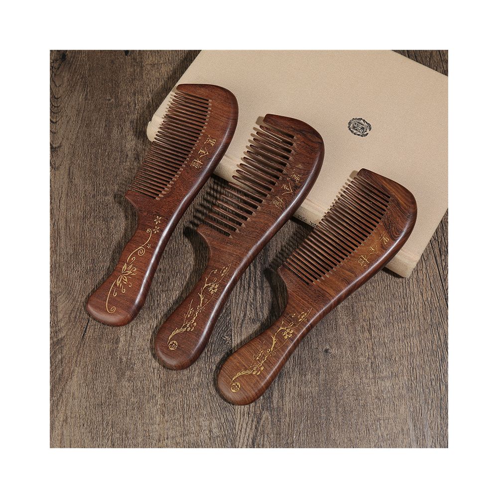 Set of 3 long handle wooden hair combs in dark wood