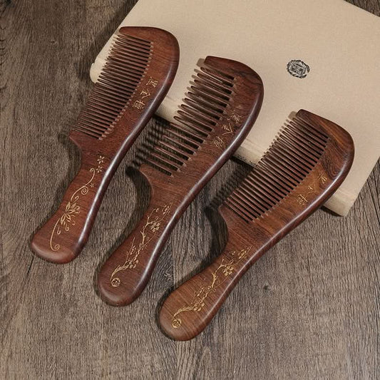 Set of 3 long handle wooden hair combs in dark wood