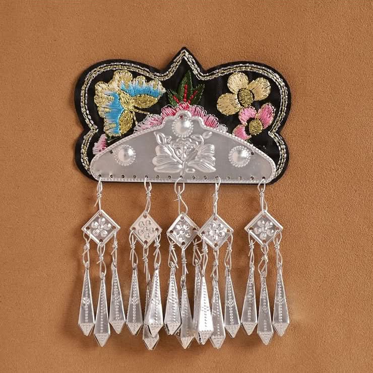 Ethnic fabric patch, vivid flower embroidery with long straight silver tassel clusters