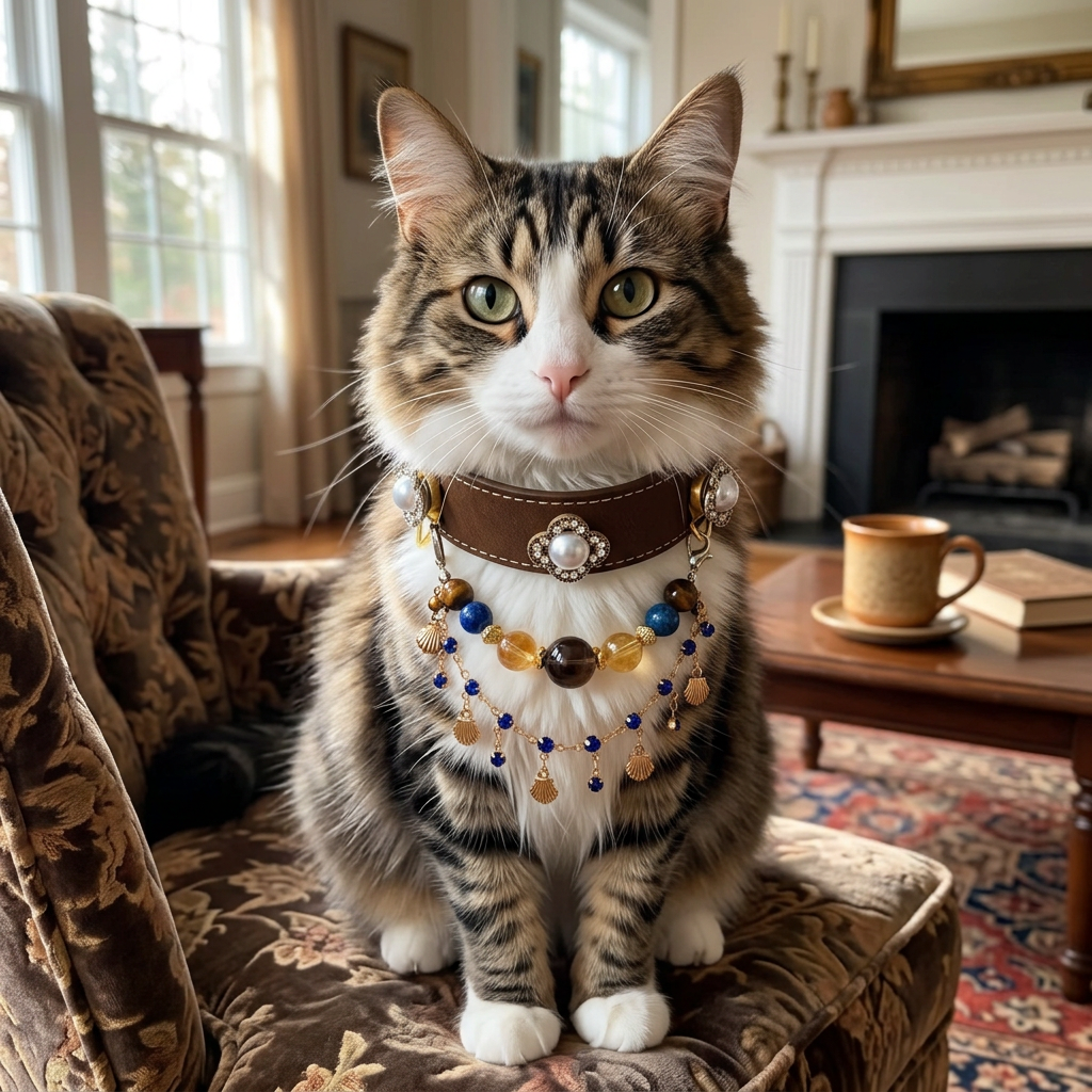 Vintage luxury cat collar with pearl rhinestone decor and detachable layered gemstone seashell bead chain, tabby cat wearing ornate brown leather pet choker | DIY Jade