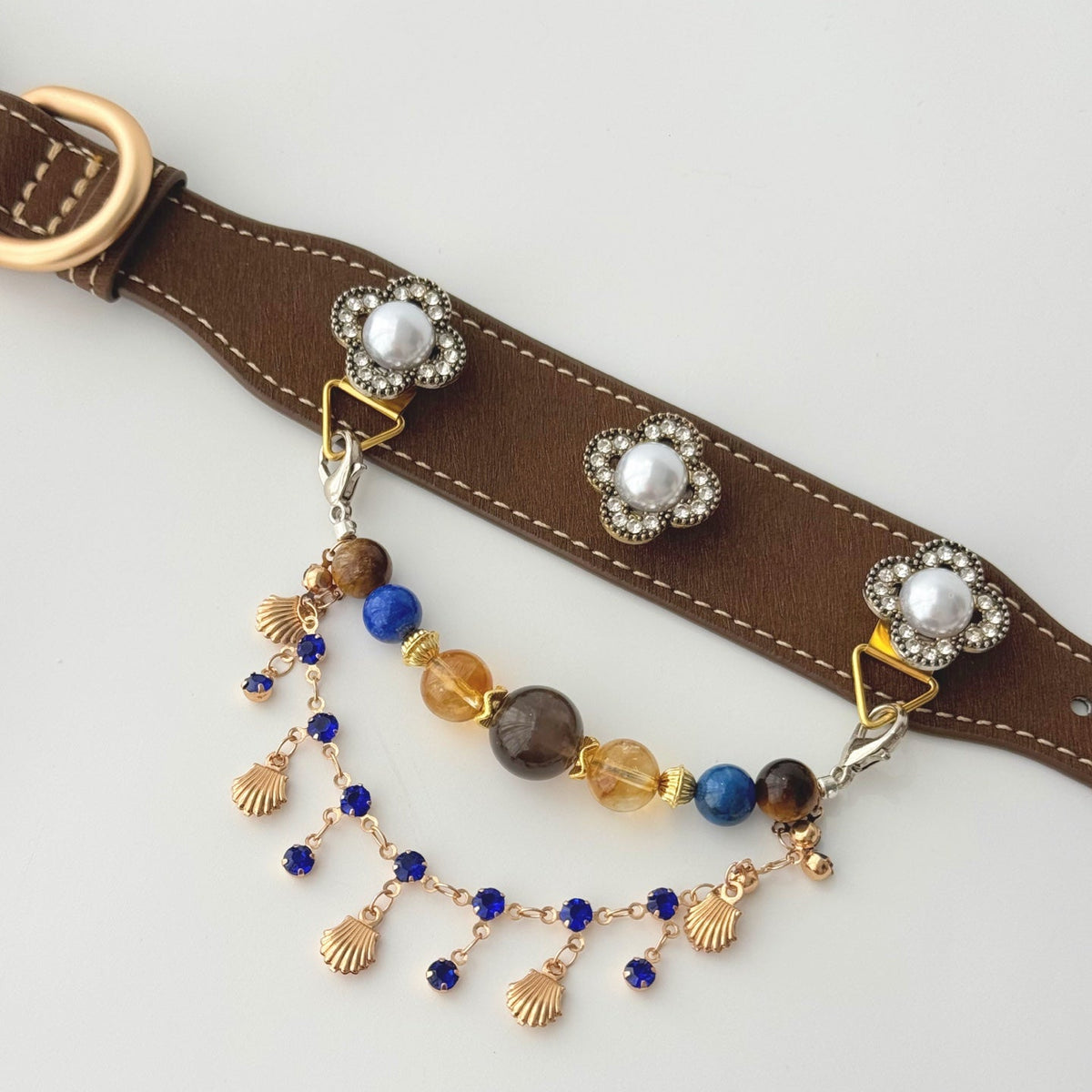 Close-up of brown magnetic buckle pet collar, pearl and rhinestone flower decor without detachable gem chain | DIY Jade