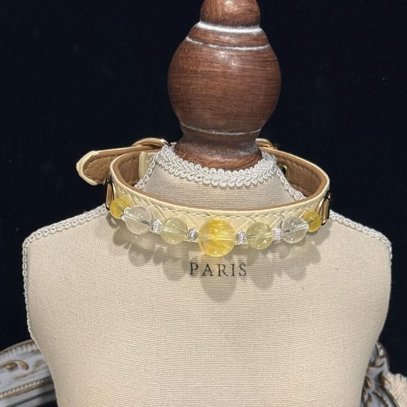 Matching crystal pet collar with yellow fluorite and white agate beads on mannequin bust with matching moments card | DIYJade