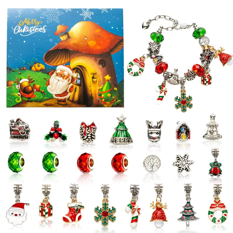 Merry Christmas DIY bracelet making kit with Santa Claus, Christmas tree and bell charms in a festive gift box