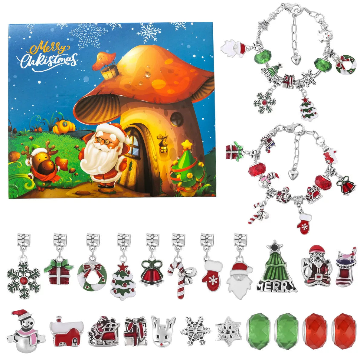 Christmas DIY jewelry set, bracelet kit with beads, charms and chain, ready-to-gift holiday craft box|DIYJade