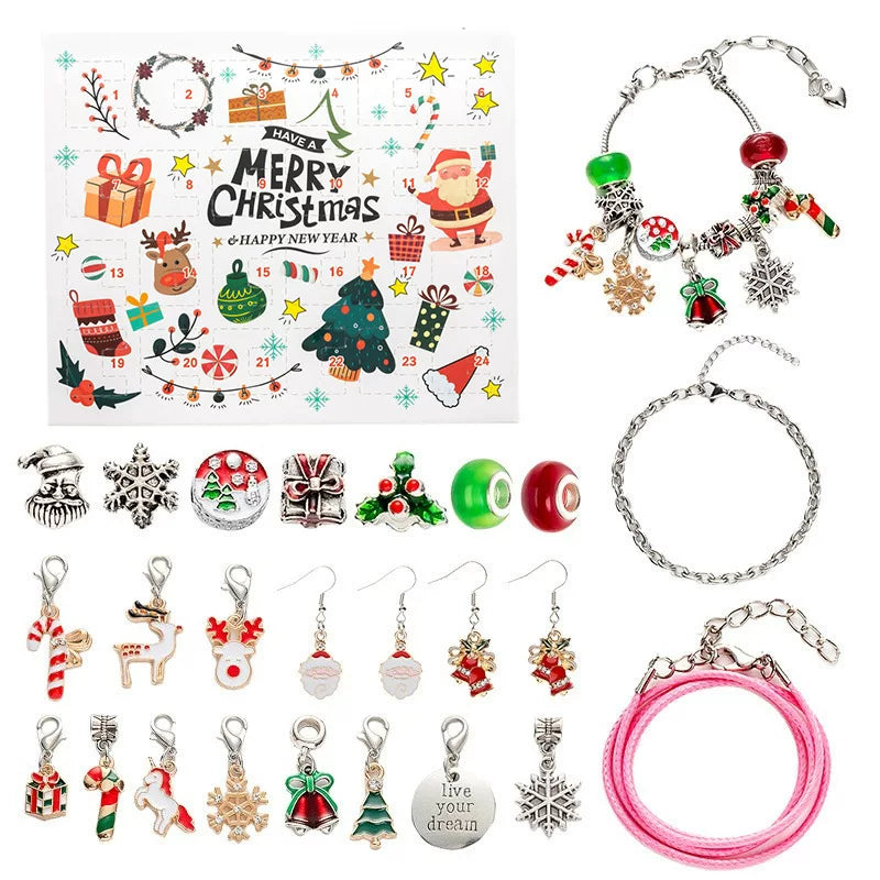 Merry Christmas DIY bracelet and necklace making kit in festive gift box with beads, chain and charms|DIYJade