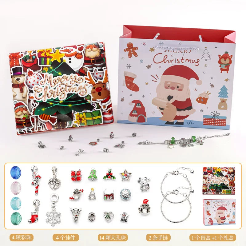 Merry Christmas bracelet kit with bell and star charms, complete bead craft set in keepsake box|DIYJade