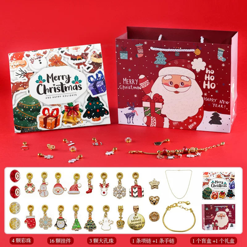Merry Christmas bracelet kit with bell and star charms, complete bead craft set in keepsake box|DIYJade