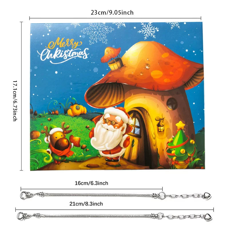 Merry Christmas gift box jewelry set, festive keepsake box with Santa Claus, reindeer, mushroom house, Christmas tree and snowflake design, 23cm x 17.1cm, includes two silver chains 16cm and 21cm, perfect Christmas gift for her|DIYJade