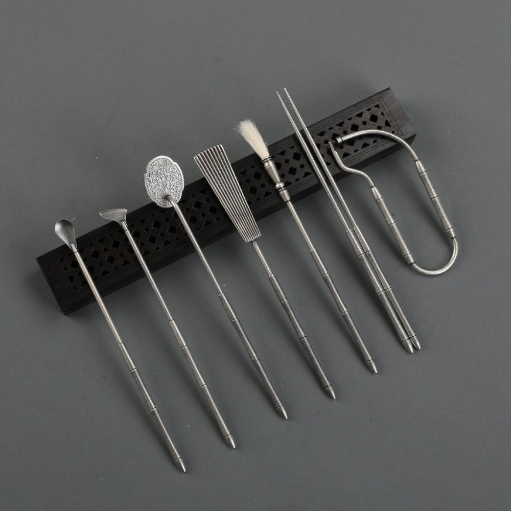 Angled view of metal incense tools with stand | DIY Jade