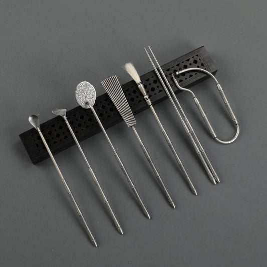 Angled view of metal incense tools with stand | DIY Jade