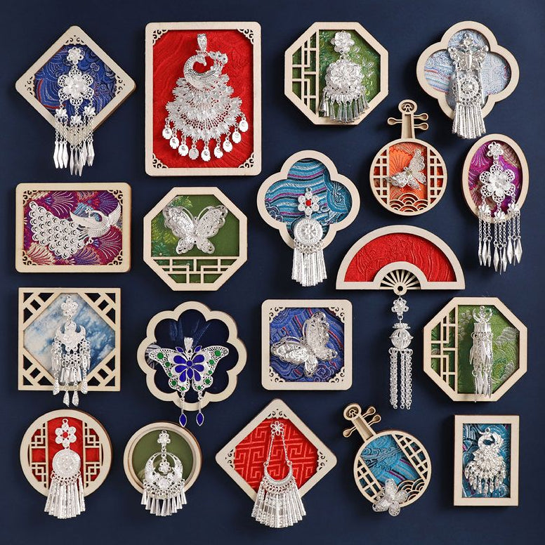 Collection of Chinese Miao ethnic silver tassel wooden fridge magnets, folk craft souvenirs