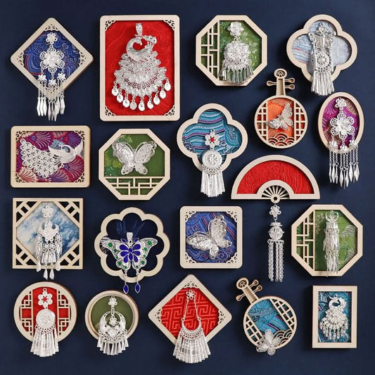 Collection of Chinese Miao ethnic silver tassel wooden fridge magnets, folk craft souvenirs