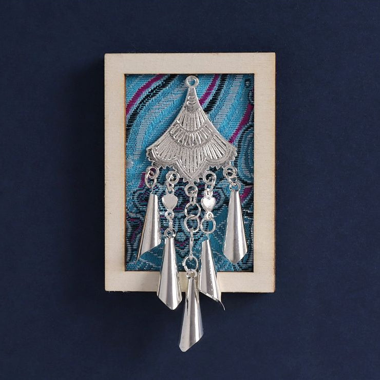 Thin rectangular wooden fridge magnet, tie‑dye background Miao silver tassel handicraft