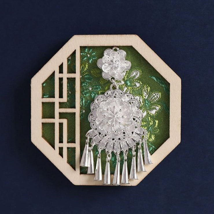 Octagon hollow wood fridge magnet, traditional Miao silver jewelry decor