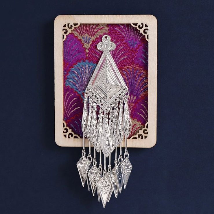 Phone‑case shaped wood fridge magnet, Miao ethnic silver pendant with long tassels