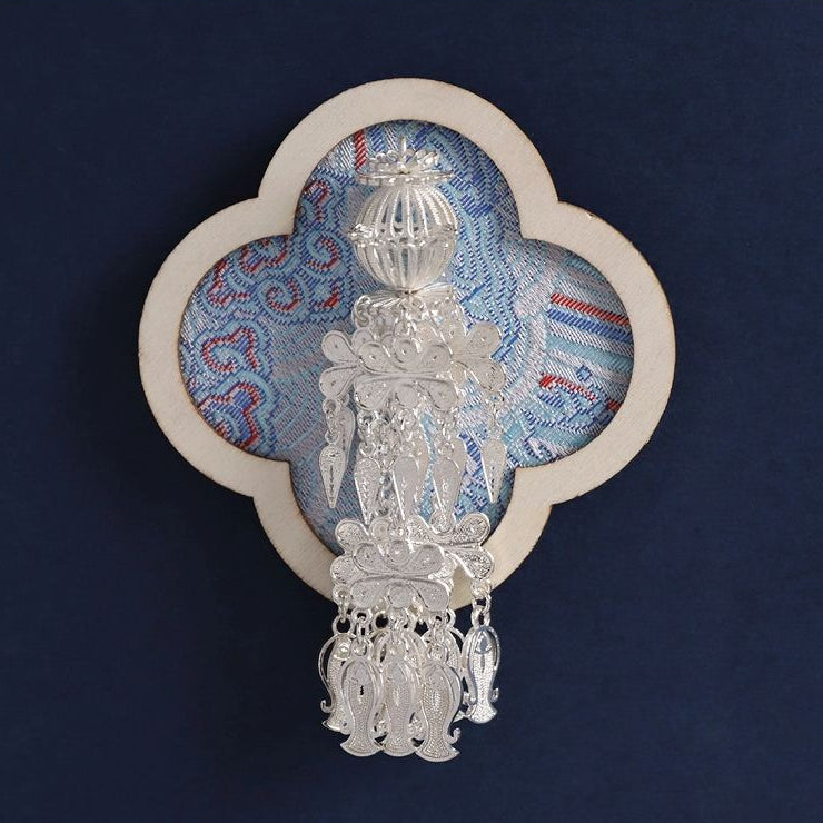 Four‑petal flower wooden fridge magnet, imitation Miao silver tassel ornament