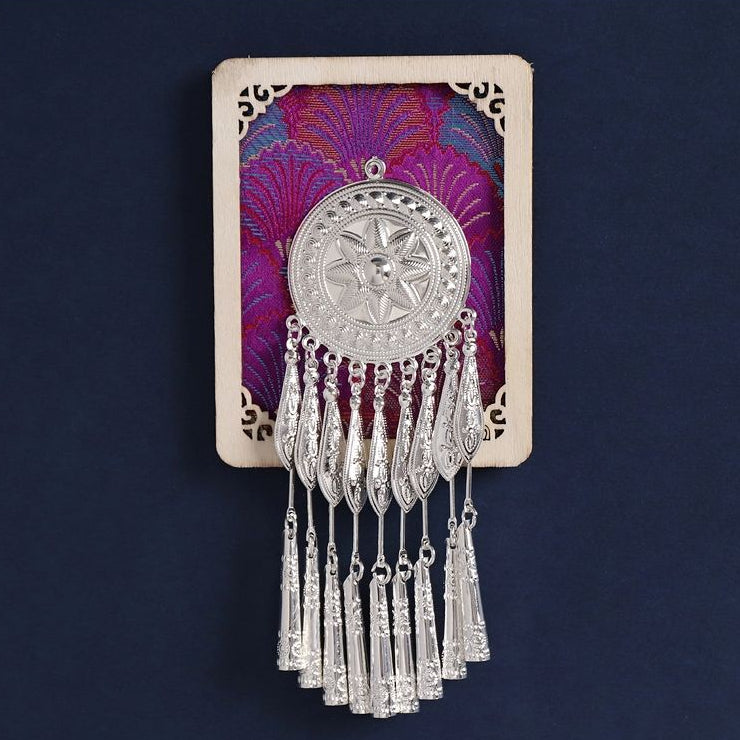 Vertical square fridge magnet, purple brocade, round Miao silver ornament with layered tassels
