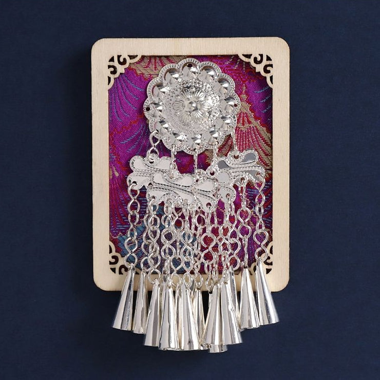 Square wood frame fridge magnet, purple brocade fabric, large Miao silver tassel decor