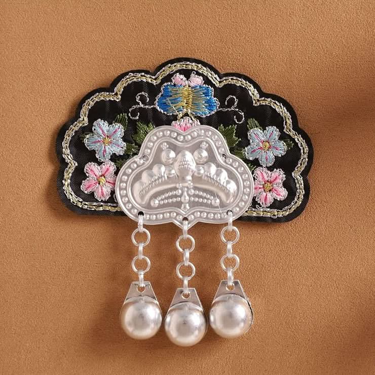 Ethnic fabric applique, flower embroidery with silver and pearl drop ornaments
