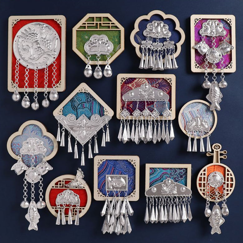 Complete collection of Miao ethnic silver wooden fridge magnets, Chinese folk craft souvenirs