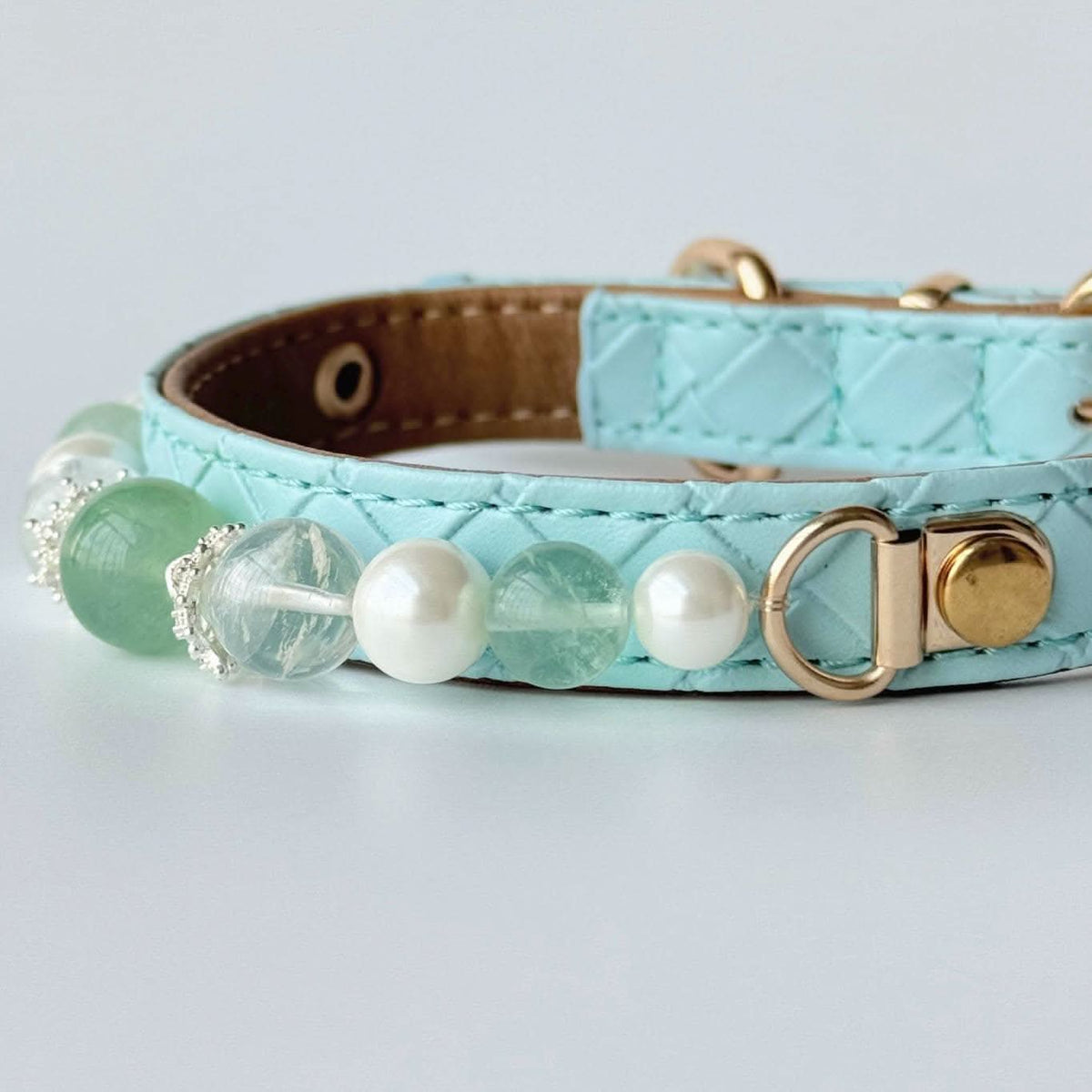 Side view mint blue textured pet collar with green stone, pearl and crystal beads | DIY Jade