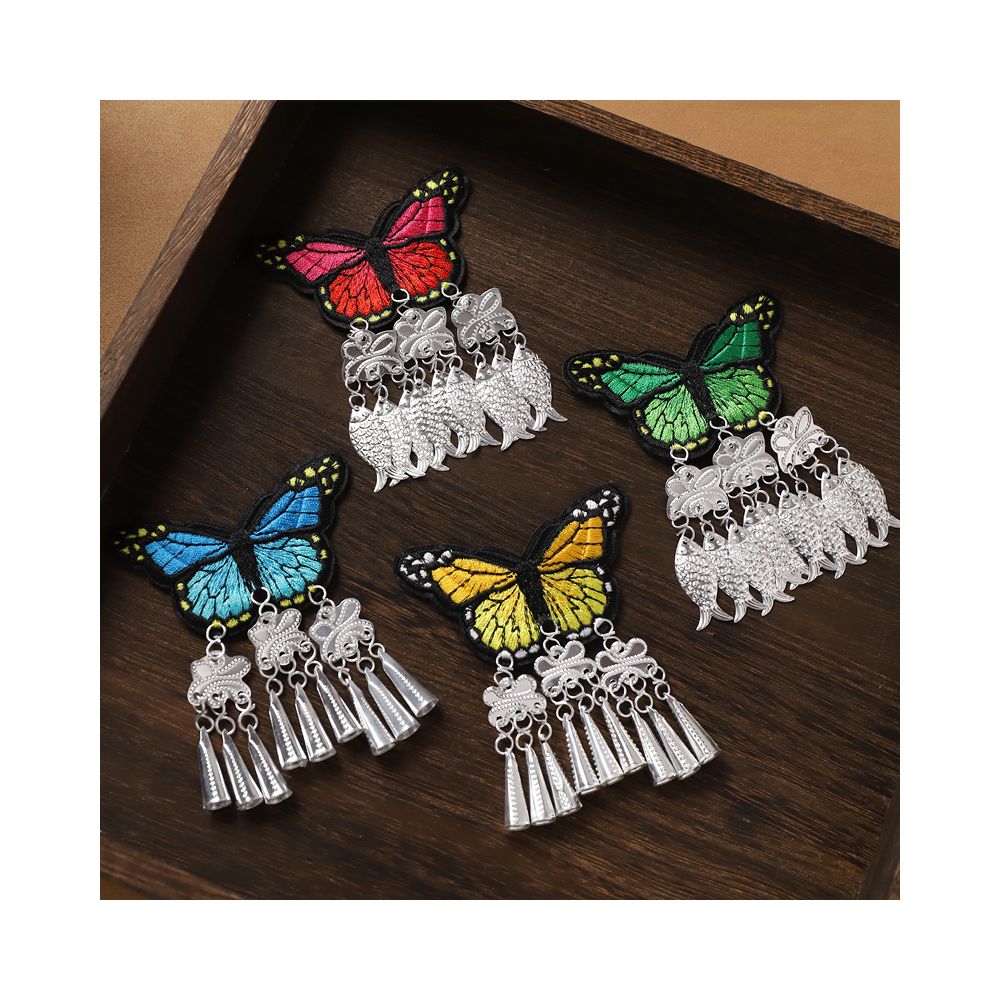 Full set of colorful butterfly embroidered tassel earrings