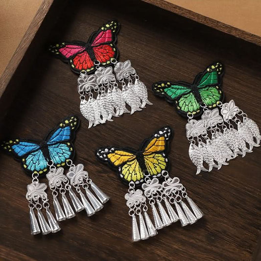 Full set of colorful butterfly embroidered tassel earrings