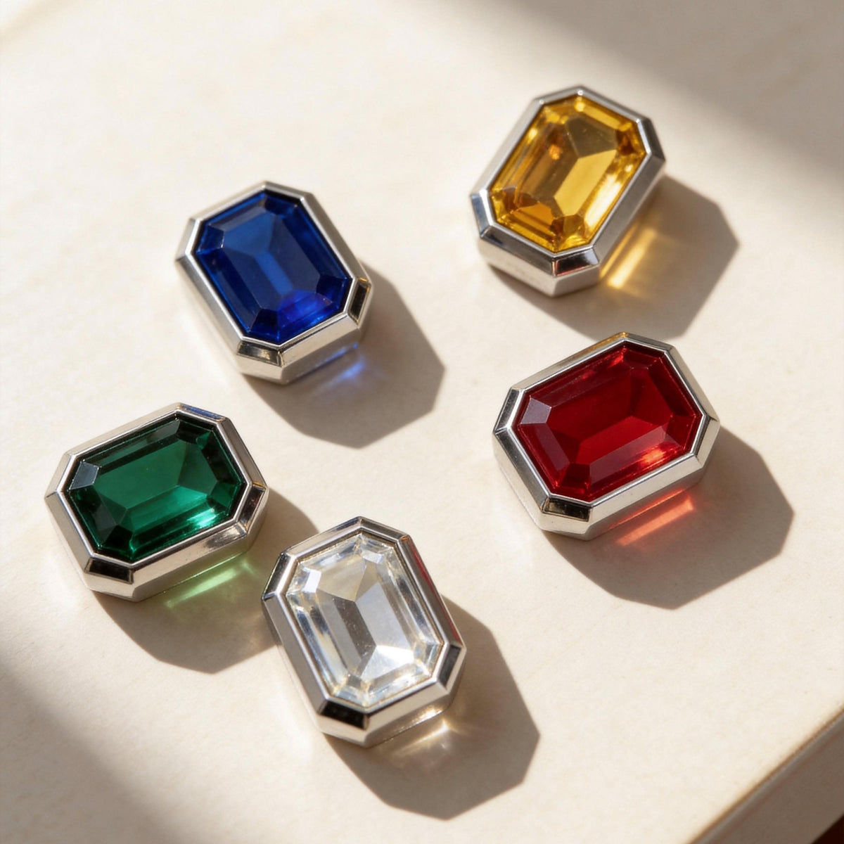 Assorted red blue green yellow clear rectangle crystal pet collar charms studio photo | DIY Jade