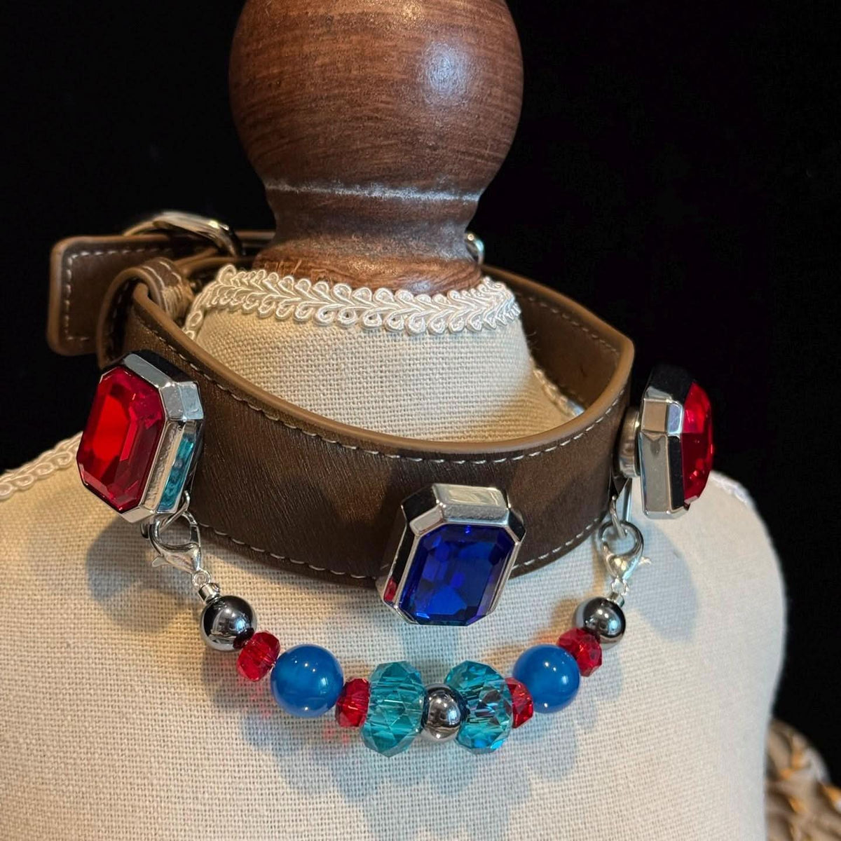 Multi‑gem pet collar captured from alternate angle on display bust | DIY Jade