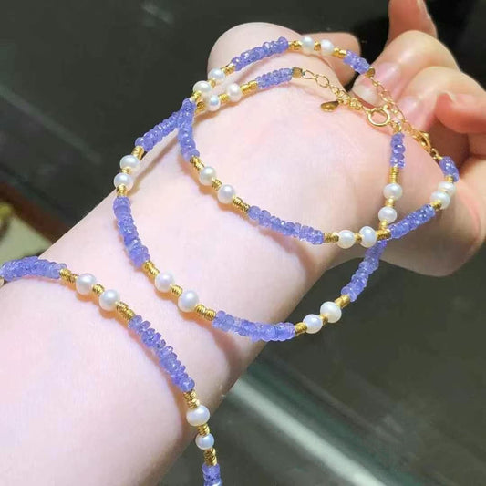 Stacked tanzanite and pearl bracelets, layered style effect | DIY Jade
