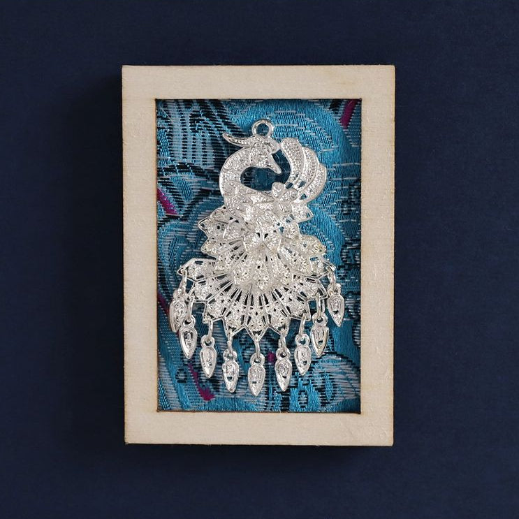 Thin rectangular fridge magnet, peacock motif Miao silver tassel folk art souvenir