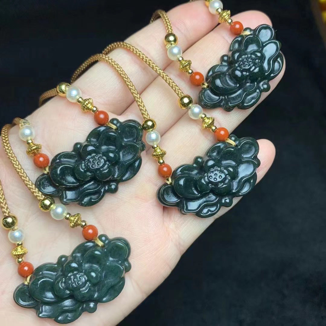 Dark green jade carved flower pendants with gold chains and pearl accents | DIY Jade