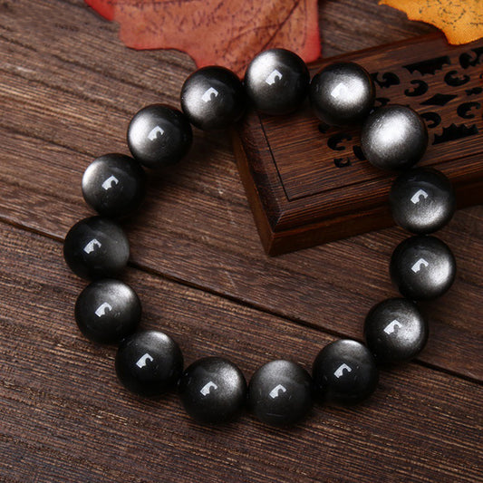 Natural silver sheen obsidian double eye bead bracelet with striking silver cat's eye effect | DIY Jade
