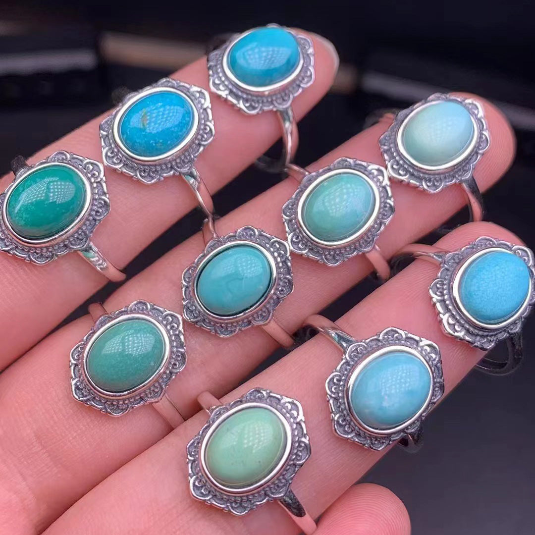 Vintage silver rings with natural turquoise oval cabochons, assorted blue-green tones | DIY Jade