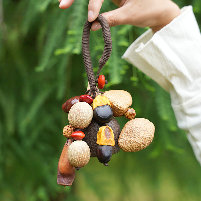 Hand‑held natural seed pod tassel charm, mixed dried fruit nuts handmade boho accessory
