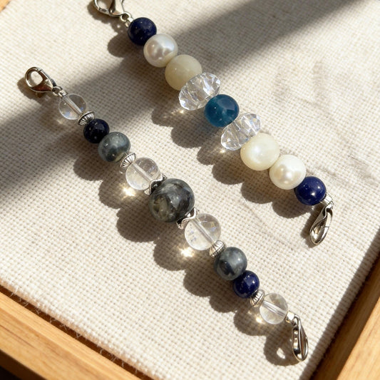 Navy blue, pearl and grey stone detachable bead chains for pet collars flat lay product shot | DIY Jade
