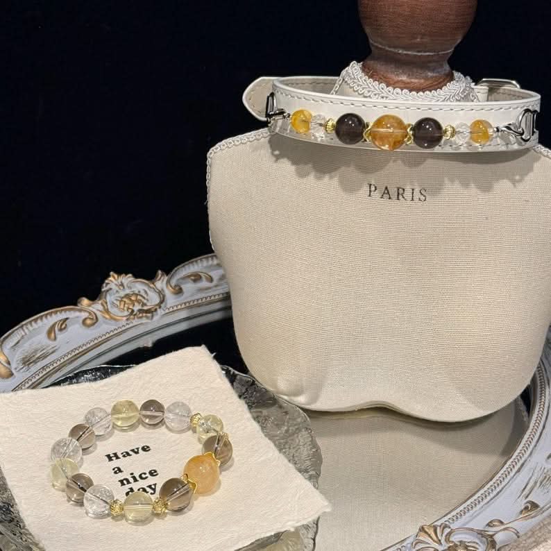 Neutral tone pet collar and matching bracelet set on vintage decorative tray | DIY Jade
