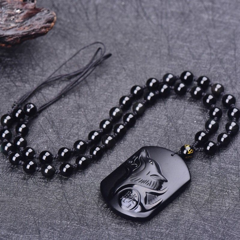 Obsidian wolf totem pendant with full black beaded necklace | DIY Jade