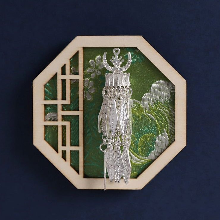 Octagon hollow wooden fridge magnet, Miao silver long tassel folk ornament