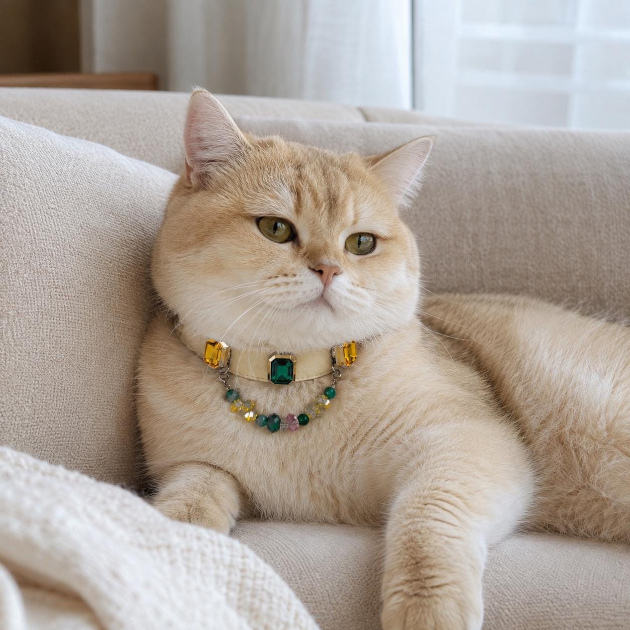 Orange cat lying down wearing green crystal pet collar|DIYJade