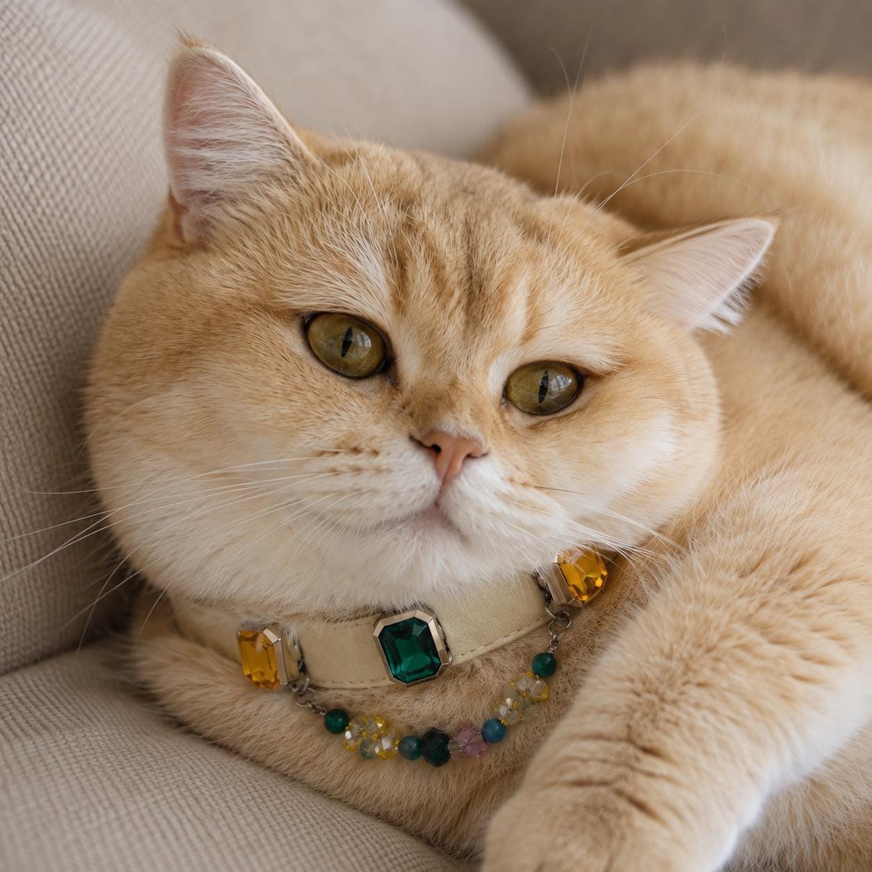 Orange cat sitting facing camera in green crystal pet collar|DIYJade
