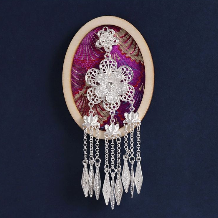 Oval wood fridge magnet, purple ethnic brocade, Miao silver layered tassel ornament
