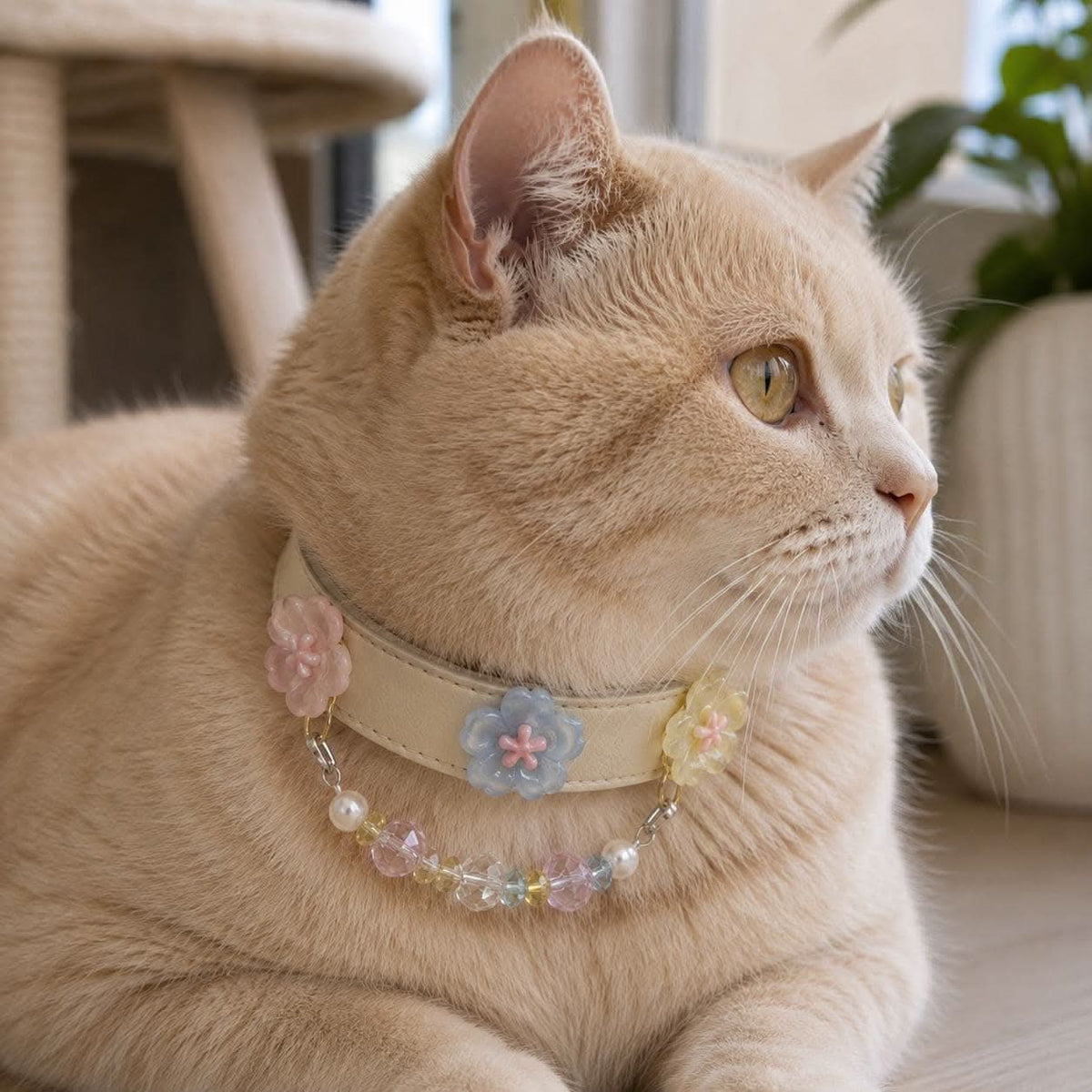 Cream British Shorthair cat wearing a pastel flower beaded PU leather collar | DIYJade