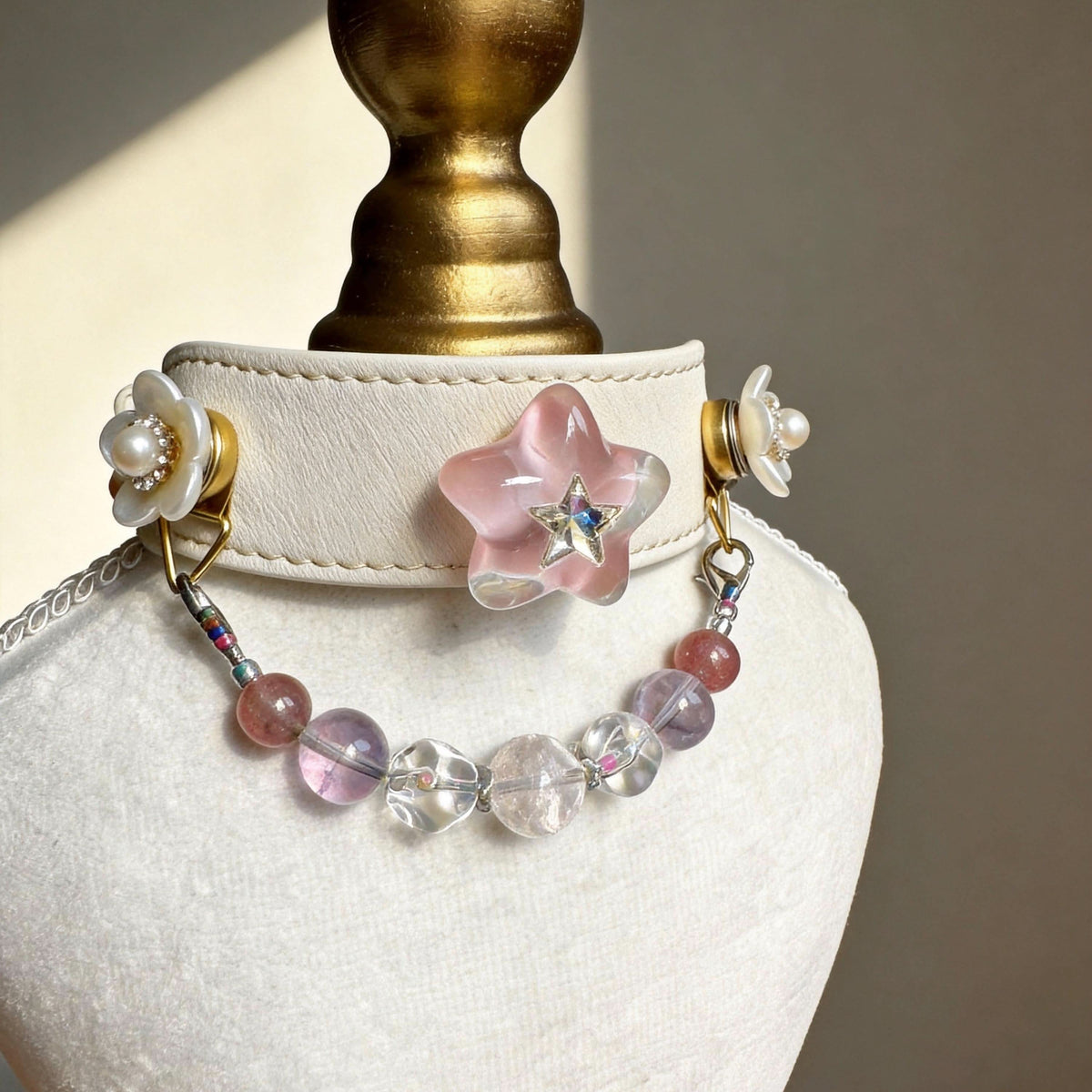 White leather pet collar with pink star decor and mixed translucent jade beads | DIY Jade